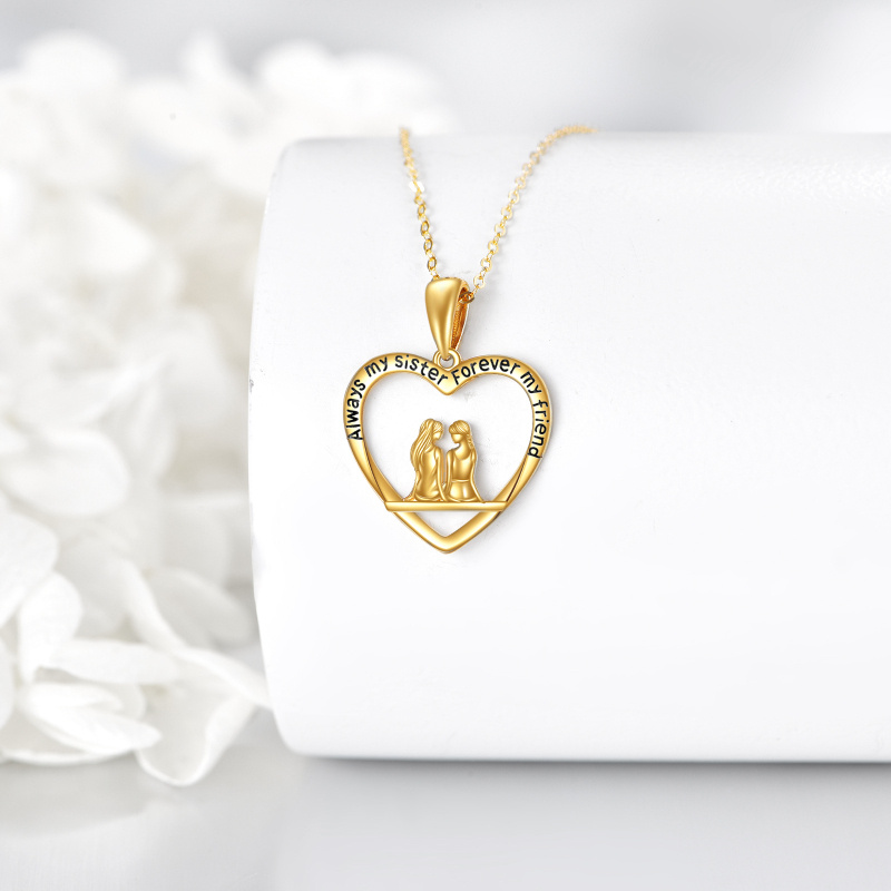 Collier pendentif en or 18 carats « Sœurs et Cœur » avec inscription gravée-3