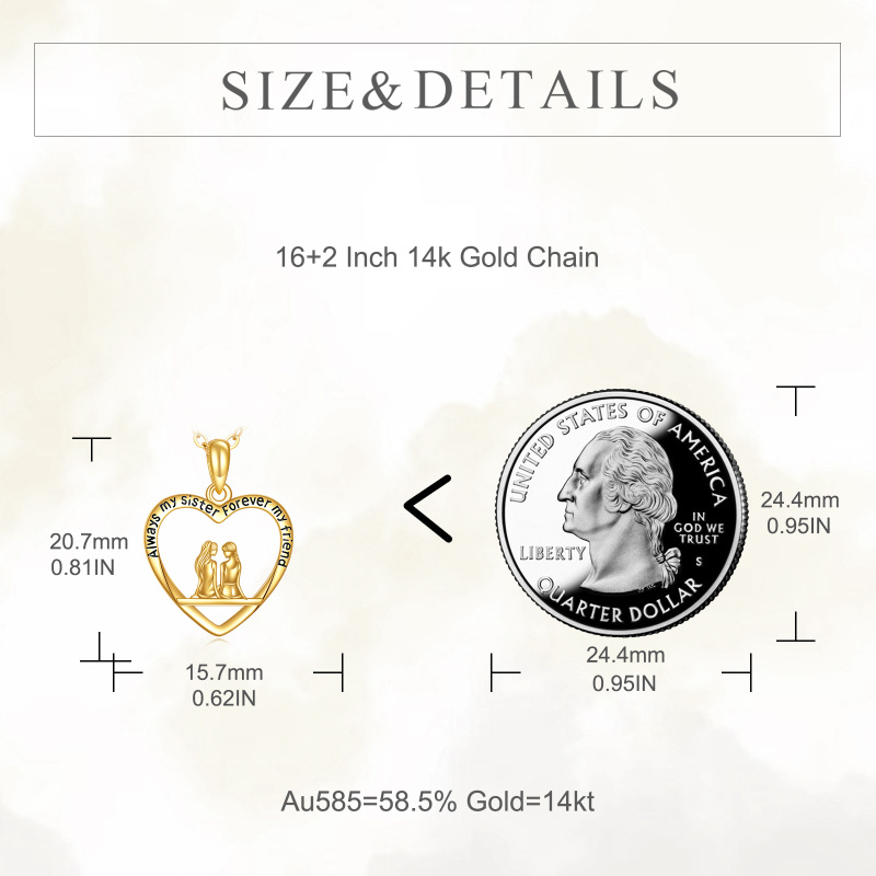 Collier pendentif en or 18 carats « Sœurs et Cœur » avec inscription gravée-5
