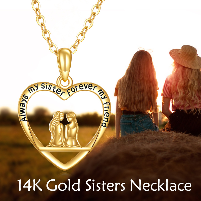 Collier pendentif en or 18 carats « Sœurs et Cœur » avec inscription gravée-6