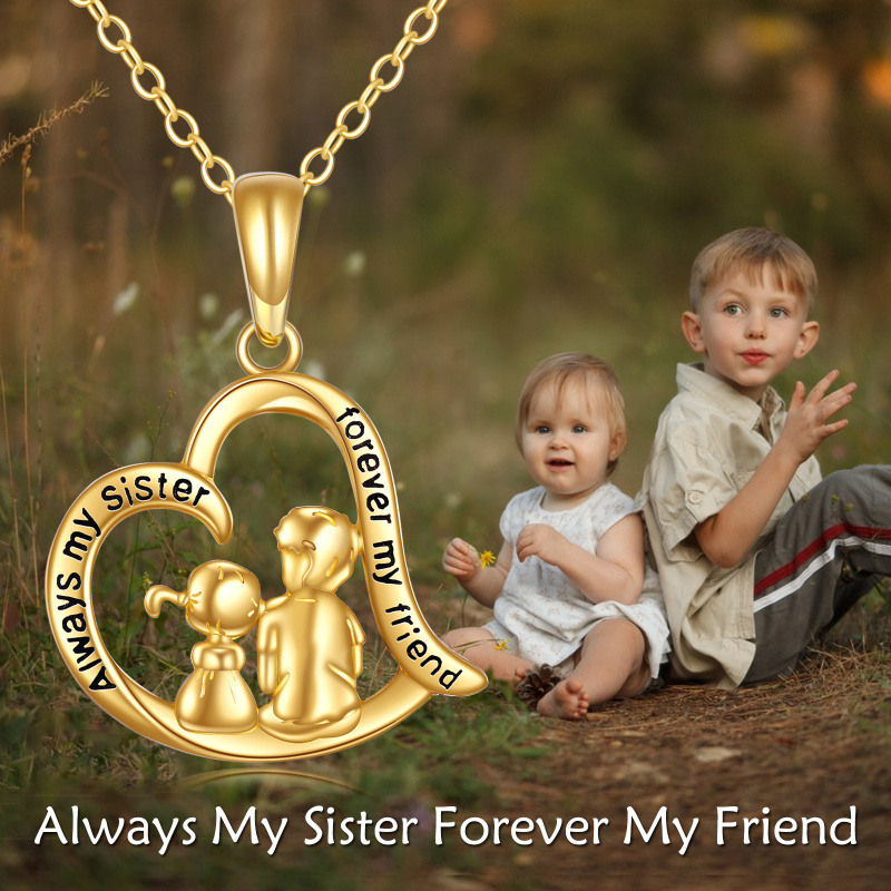 10K Gold Sisters & Heart Pendant Necklace with Engraved Word-3