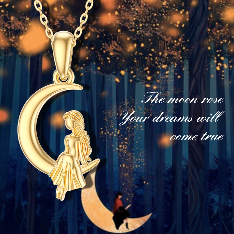 14K White Gold Sisters & Moon Pendant Necklace-5