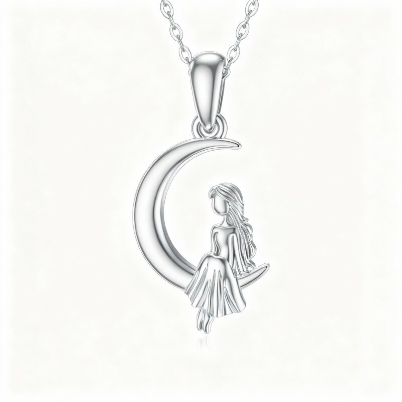 14K White Gold Sisters & Moon Pendant Necklace-1