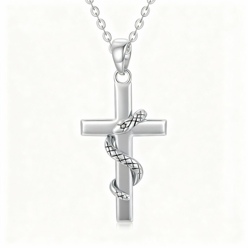Collar con colgante de serpiente y cruz de oro blanco de 10 quilates-1