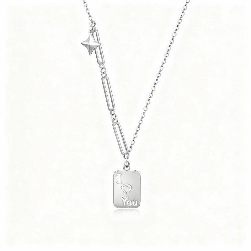 10K White Gold Square Pendant Necklace with Engraved Word-8