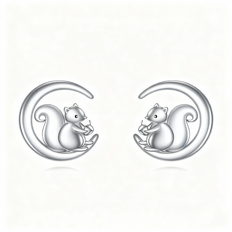 10K White Gold Squirrel & Moon Stud Earrings-1
