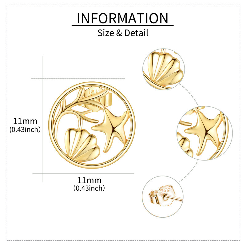 10K Yellow Gold Starfish & Shell Seaweed Stud Earrings-5
