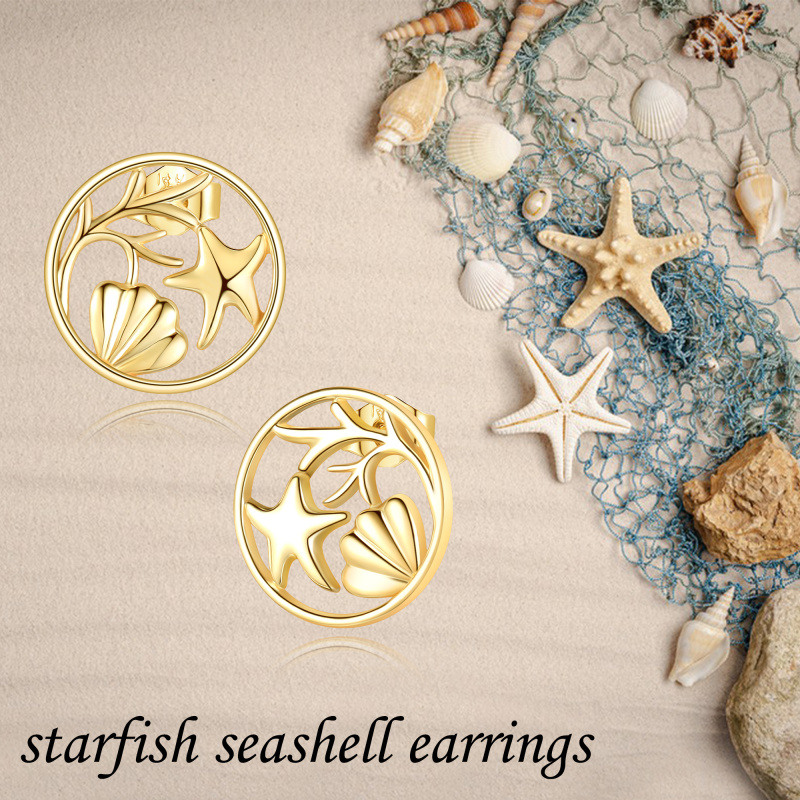 10K Yellow Gold Starfish & Shell Seaweed Stud Earrings-6