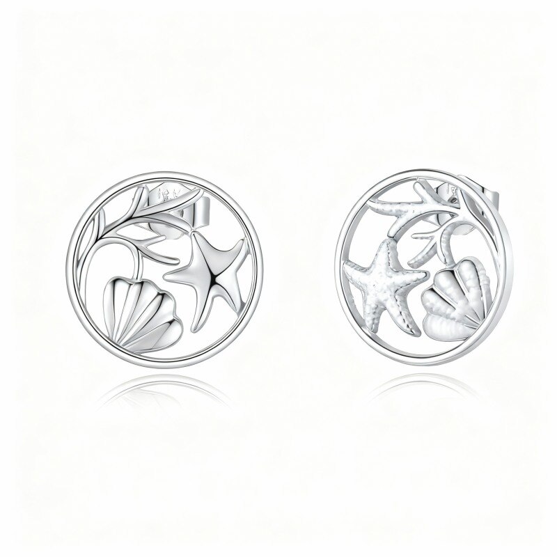 Boucles d'oreilles puces en or blanc 14 carats en forme d'étoile de mer et de coquillage-1