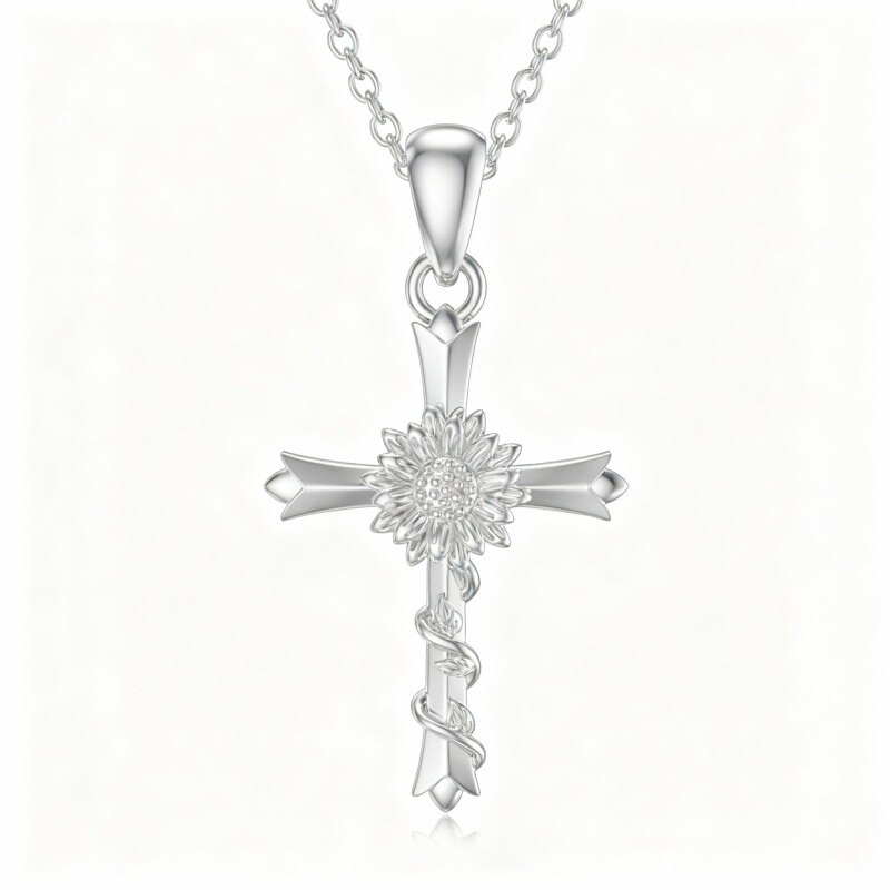 Collier pendentif tournesol et croix en platine plaqué or blanc-1