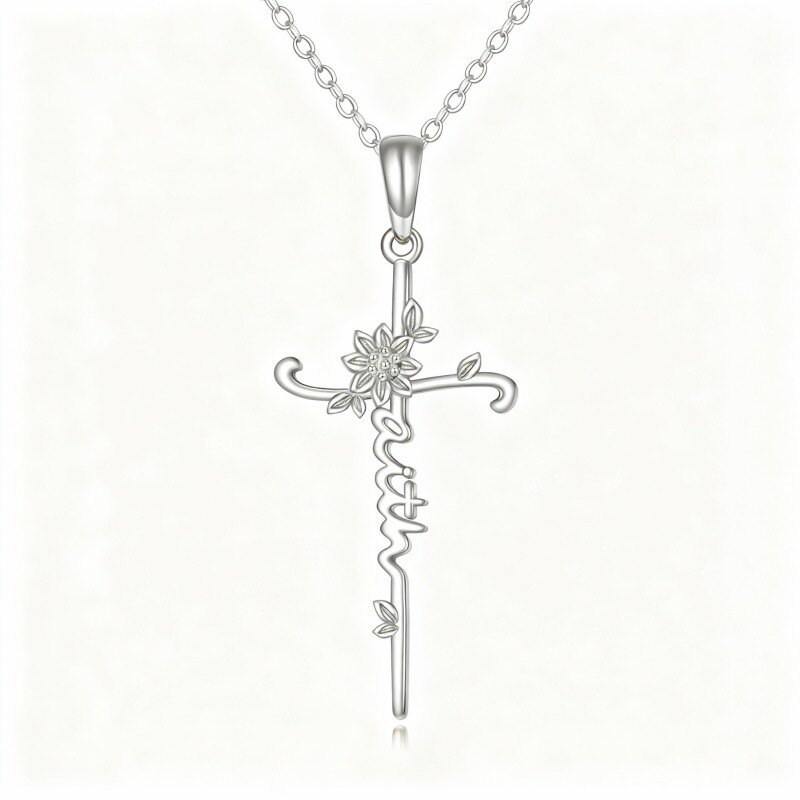 Collier pendentif tournesol et croix en platine plaqué or blanc avec inscription gravée-1
