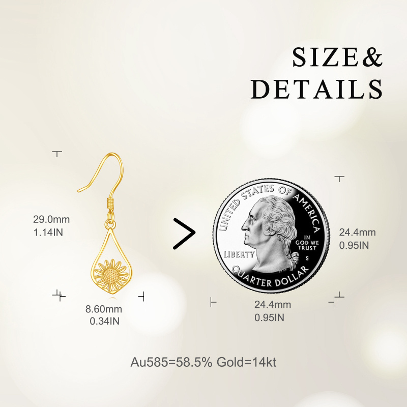 Pendientes colgantes de girasol de oro de 10 quilates-5
