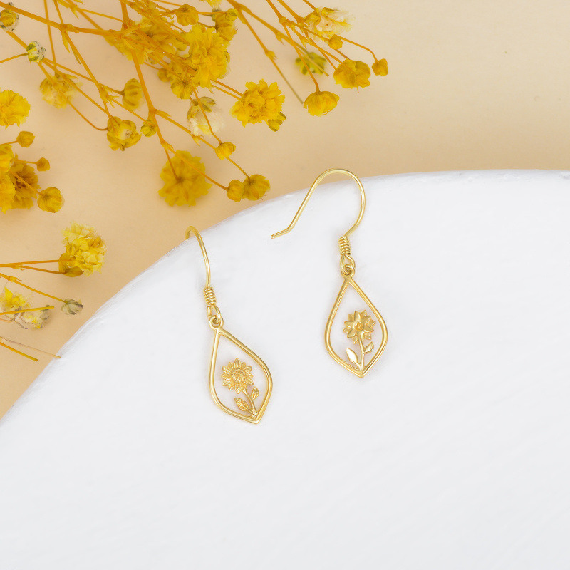 Pendientes colgantes de girasol de oro de 10 quilates para mujer-5