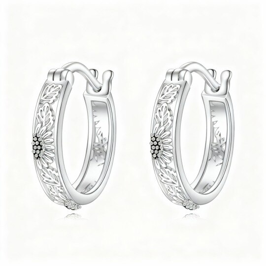 14K White Gold Sunflower Hoop Earrings