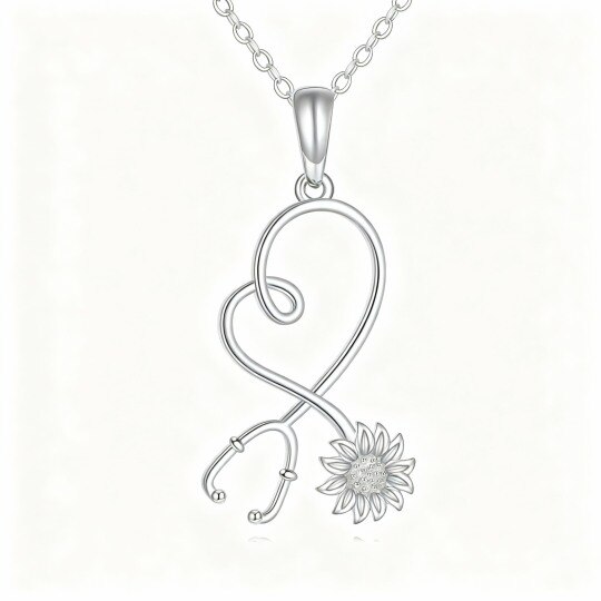 10K White Gold Sunflower & Stethoscope Pendant Necklace