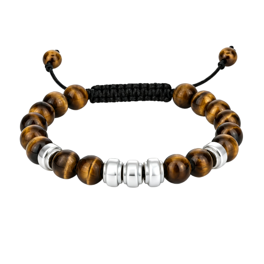 Pulsera de cuentas metálicas para hombre, de oro blanco de 18 quilates, con piedra ojo de tigre, grabable, para padre e hija y padre e hijo.