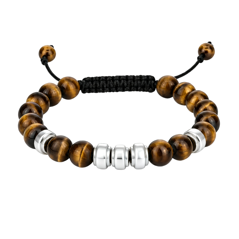 Pulsera de cuentas metálicas para hombre, de oro blanco de 10 quilates, con piedra ojo de tigre, grabable, para padre e hija y padre e hijo.-1