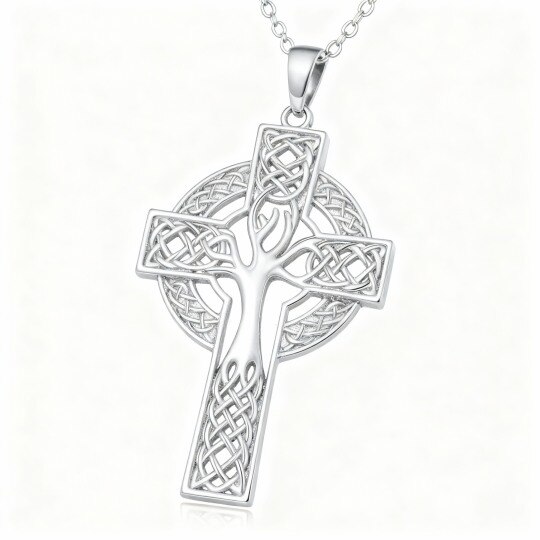 Collier pendentif Arbre de Vie, nœud celtique et croix en or blanc 10 carats