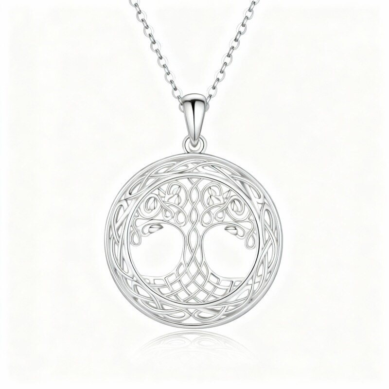 Collar con colgante de árbol de la vida y nudo celta en oro blanco de 14 quilates-1