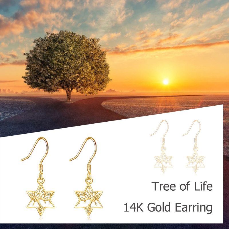 Pendientes colgantes del Árbol de la Vida en oro rosa de 10 quilates-6