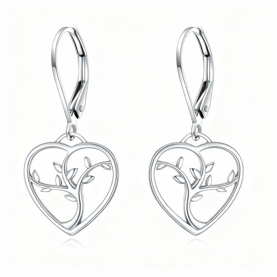 10K White Gold Tree Of Life & Heart Drop Earrings