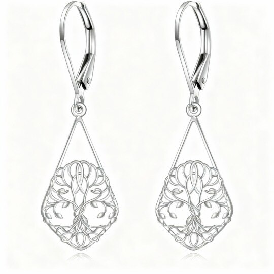 10K White Gold Tree Of Life Lever-back Earrings