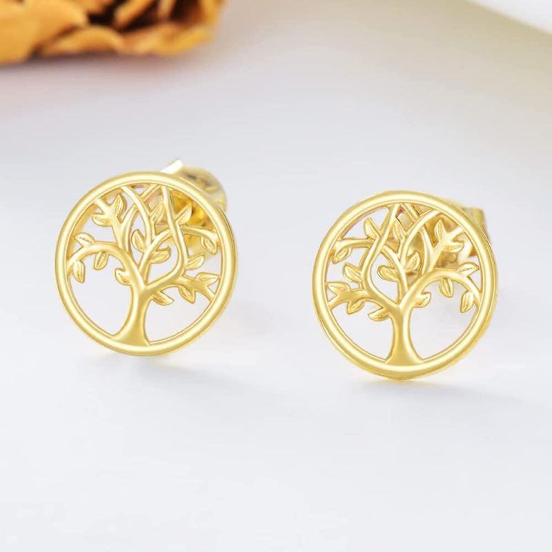 18K Gold Tree Of Life Stud Earrings-3