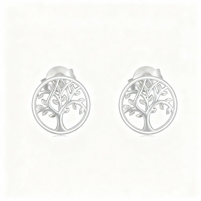 Brincos em Ouro Branco 18K com a Forma da Árvore da Vida-1