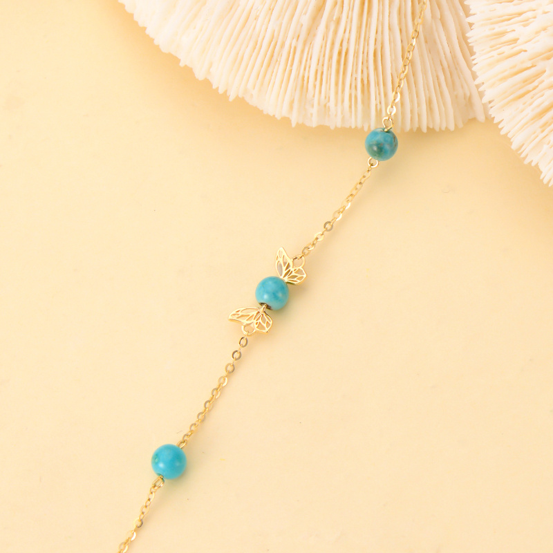 Pulsera de cadena con cuentas de mariposa turquesa y oro de 14 quilates-3