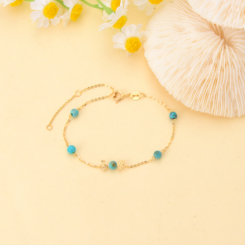 Pulsera de cadena con cuentas de mariposa turquesa y oro de 14 quilates-4
