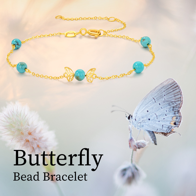 Pulsera de cadena con cuentas de mariposa turquesa y oro de 14 quilates-6