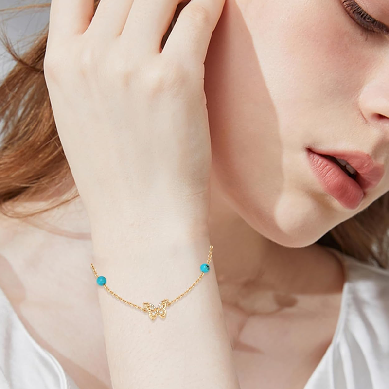 10K Gold Turquoise Butterfly Bracelet for Women-2