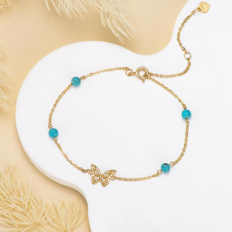 10K Gold Turquoise Butterfly Bracelet for Women-3