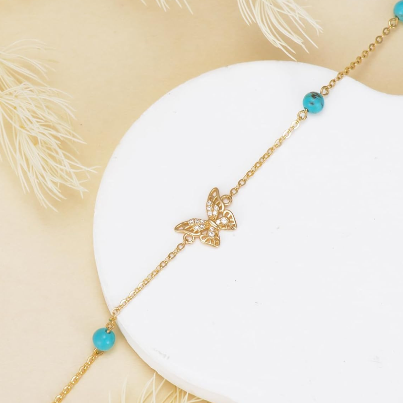 10K Gold Turquoise Butterfly Bracelet for Women-4