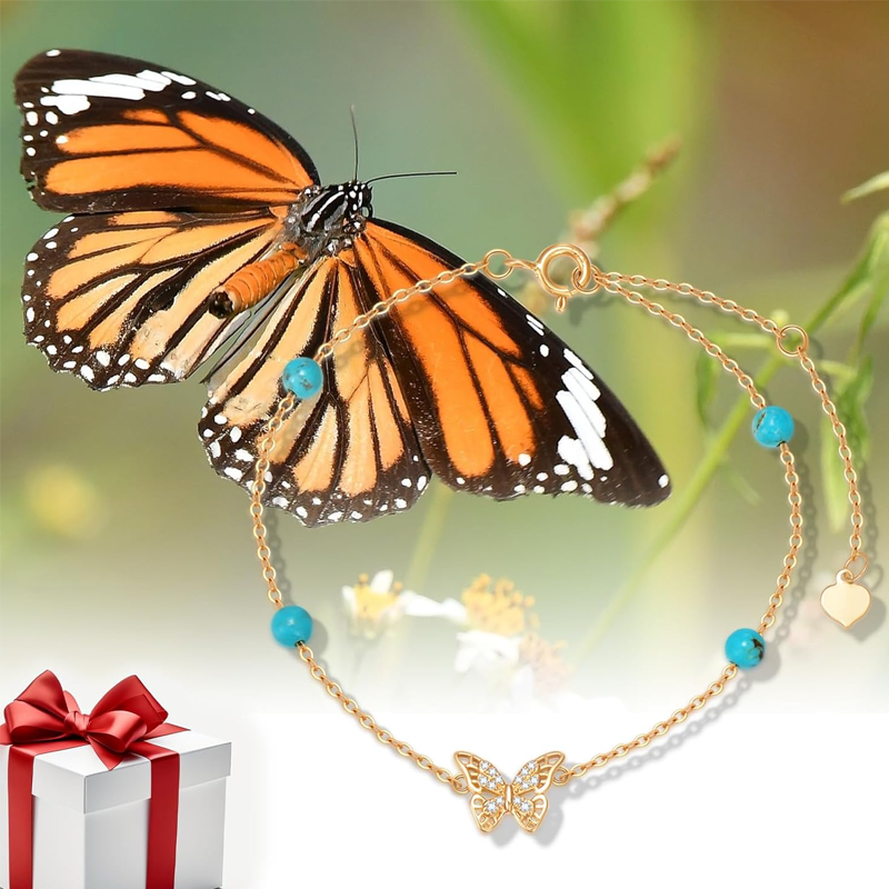 10K Gold Turquoise Butterfly Bracelet for Women-5