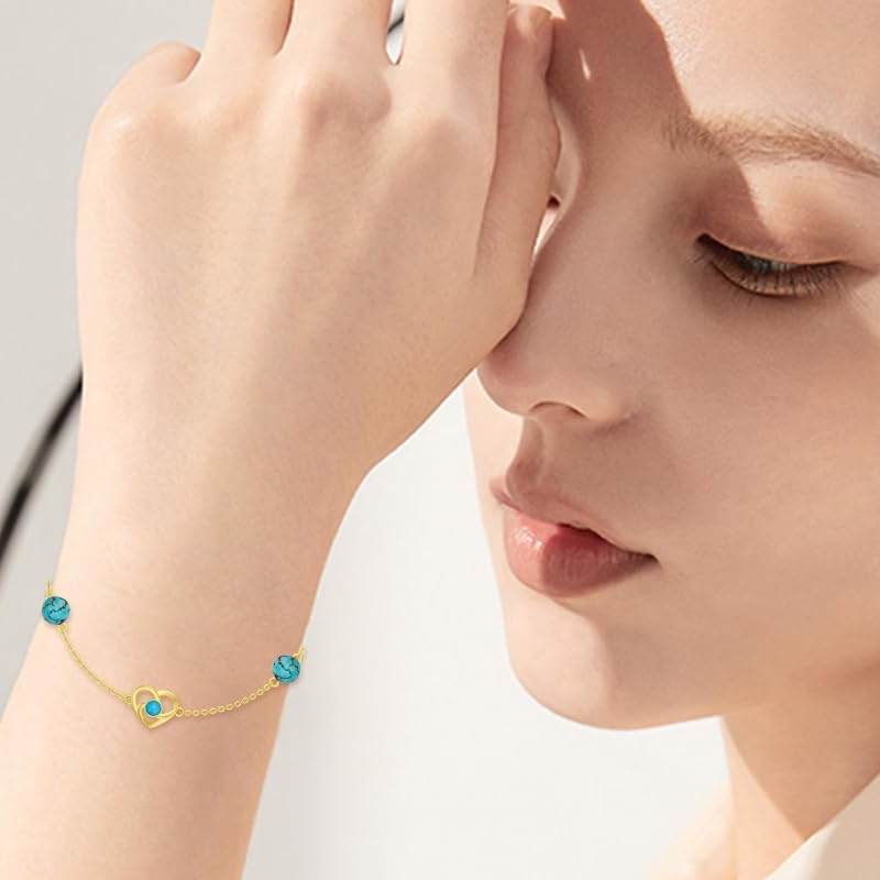 Armband aus 10-karätigem Gold mit Türkis, keltischem Knoten- und Herzanhänger für Damen-2
