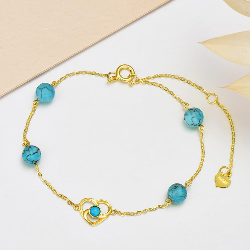 Armband aus 10-karätigem Gold mit Türkis, keltischem Knoten- und Herzanhänger für Damen-3