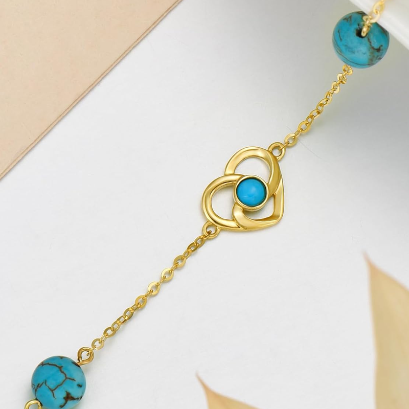 Armband aus 10-karätigem Gold mit Türkis, keltischem Knoten- und Herzanhänger für Damen-4