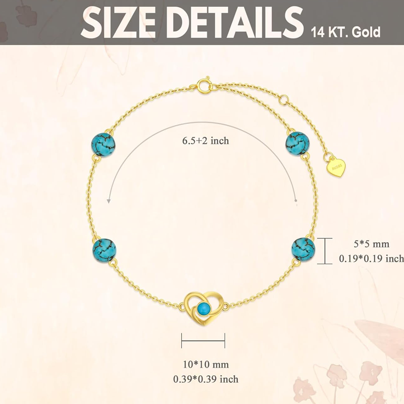 Armband aus 10-karätigem Gold mit Türkis, keltischem Knoten- und Herzanhänger für Damen-5