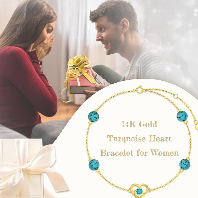 Armband aus 10-karätigem Gold mit Türkis, keltischem Knoten- und Herzanhänger für Damen-6