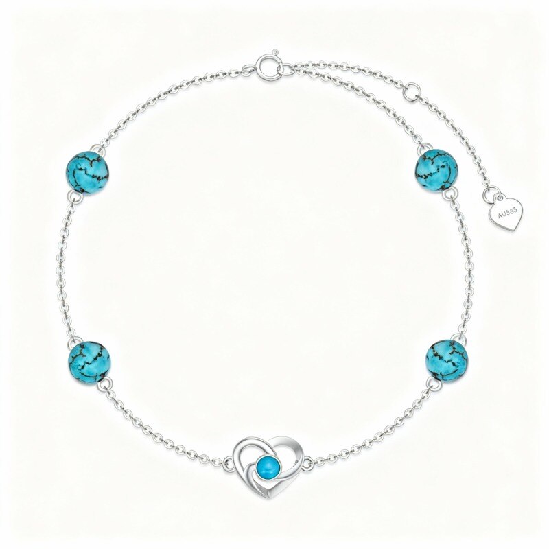 Pulsera de oro blanco de 10 quilates con nudo celta turquesa y corazón con dije de corazón-16