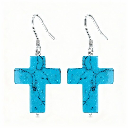 Boucles d'oreilles pendantes en or blanc 10 carats et turquoise en forme de croix