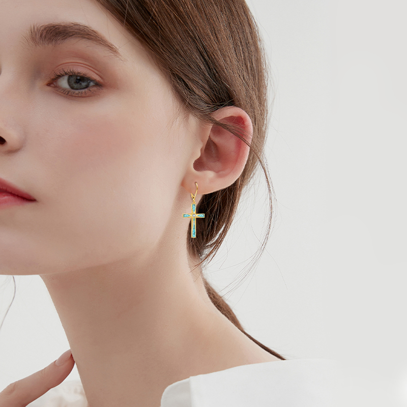 Pendientes colgantes de cruz de turquesa y oro de 10 quilates-2