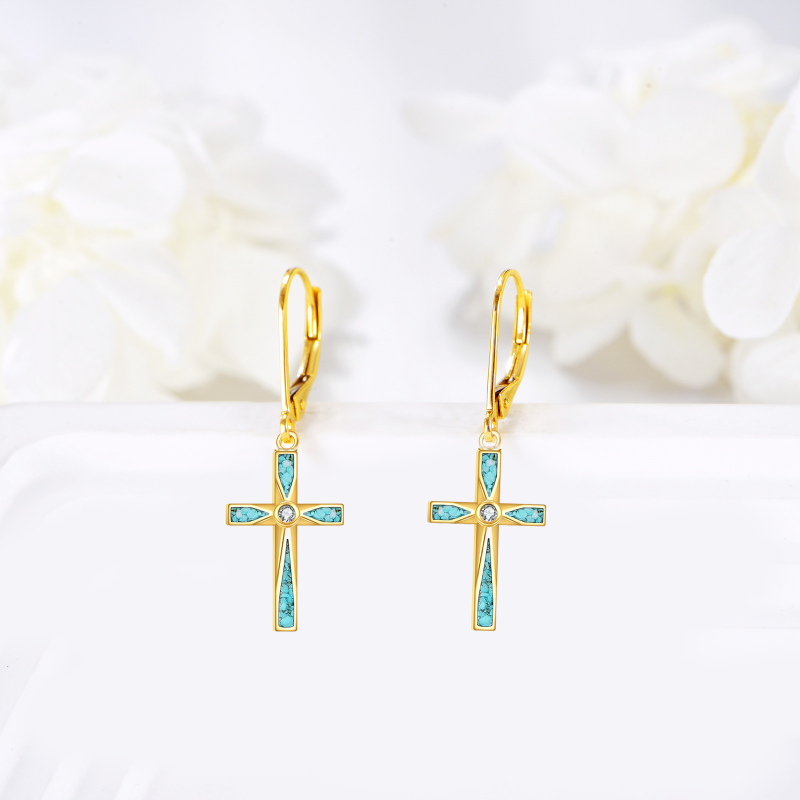 Pendientes colgantes de cruz de turquesa y oro de 10 quilates-3