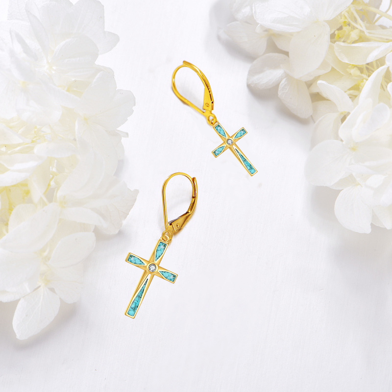 Pendientes colgantes de cruz de turquesa y oro de 10 quilates-4