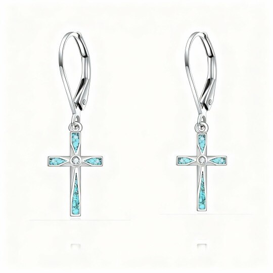Boucles d'oreilles pendantes en or blanc 10 carats et turquoise en forme de croix