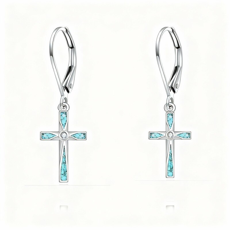 Pendientes colgantes de cruz de turquesa en oro blanco de 14 quilates-1