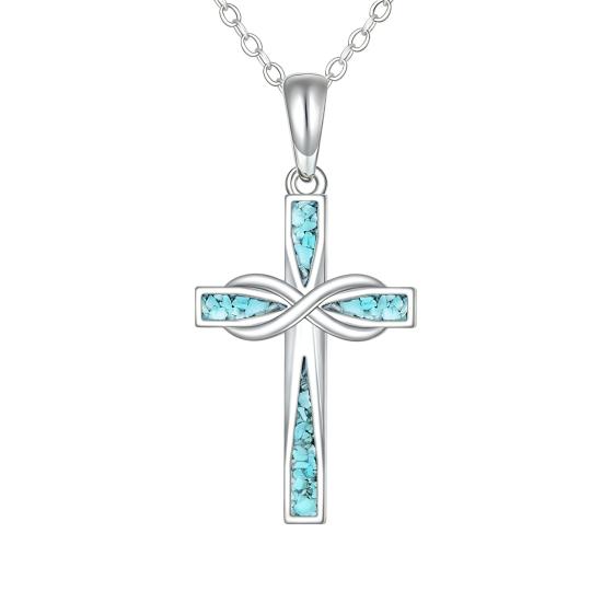 10K White Gold Turquoise Cross & Infinity Symbol Pendant Necklace
