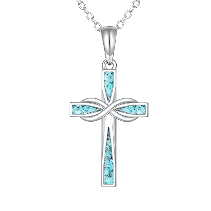 Colar com pendente de cruz e símbolo do infinito em ouro branco 10K com turquesa-12
