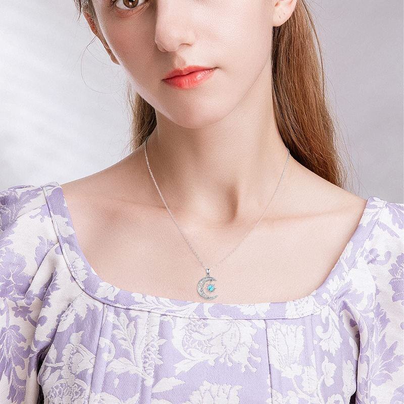 Collier pendentif lune et soleil en or blanc 10 carats et turquoise-2