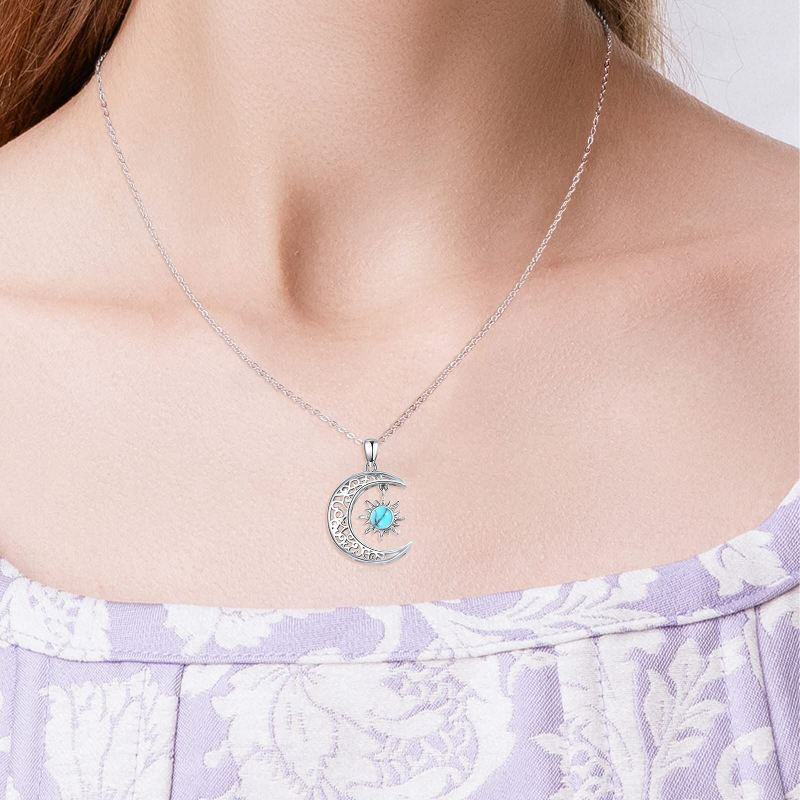 Collier pendentif lune et soleil en or blanc 10 carats et turquoise-3